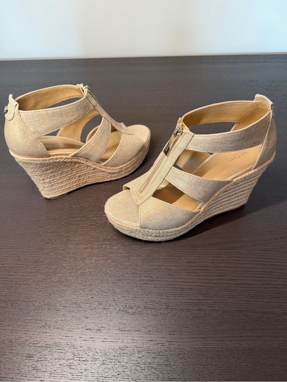 Michael Kors Etta Beige/Gold Espadrille Wedge Sandals - Size 6.5